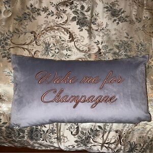 Gray Velvet Decorative Pillow with Embroidered Text